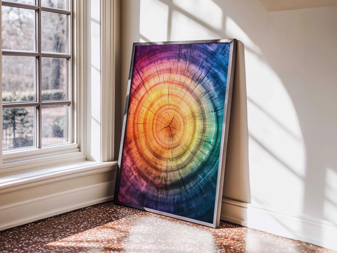 Rainbow Tree Rings Framed Print Colorful Abstract Rustic Decor Modern Farmhouse Modern Decor Vertical Wall Art Living Room Decor