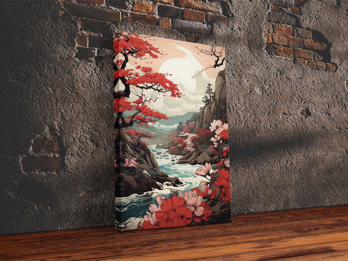 Japanese Maple Tree Over Stream, Japanese Art Print - Image 4