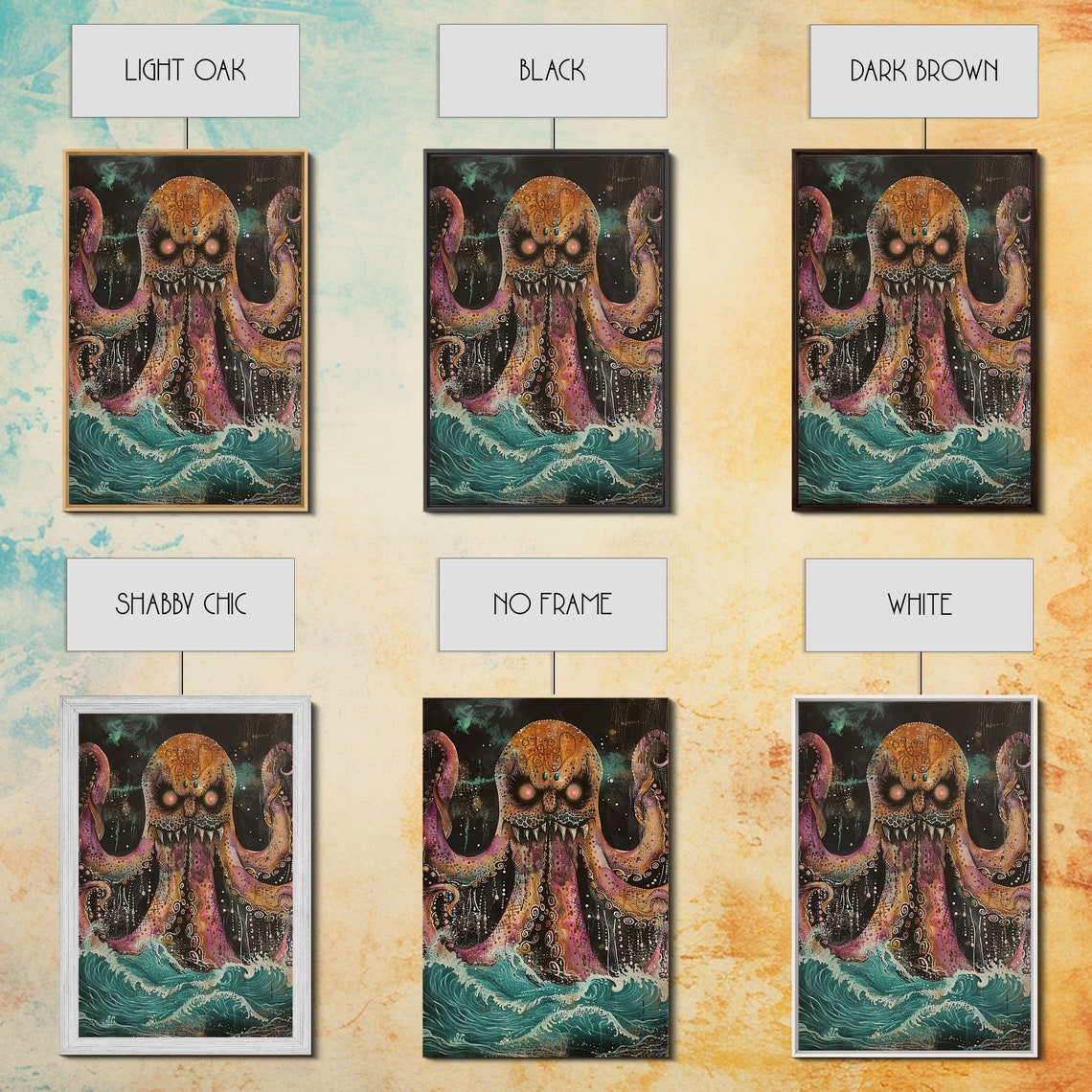 Giant Octopus Sea Monster Glowing Eyes Teal Waves Art Poster - Image 2