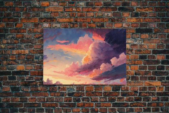 Pink Clouds Sunset Art Framed Print Vintage Style Painting Print Whimsical Boho Decor Modern Farmhouse Art
