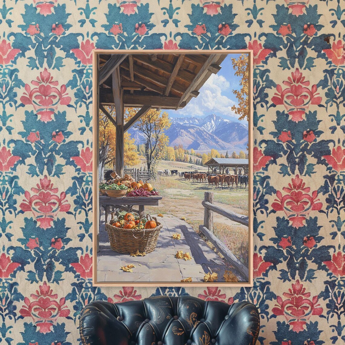Autumn Farmhouse Porch Harvest With Pumpkins Cattle And Mountain View Poster - Image 3