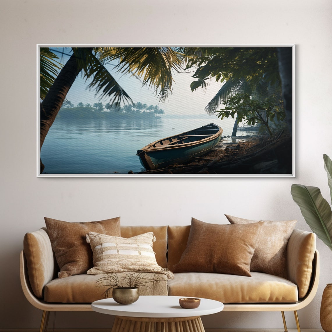 Abandoned Wooden Canoe Misty Tropical Lake Palm Trees Dawn Poster - Image 5