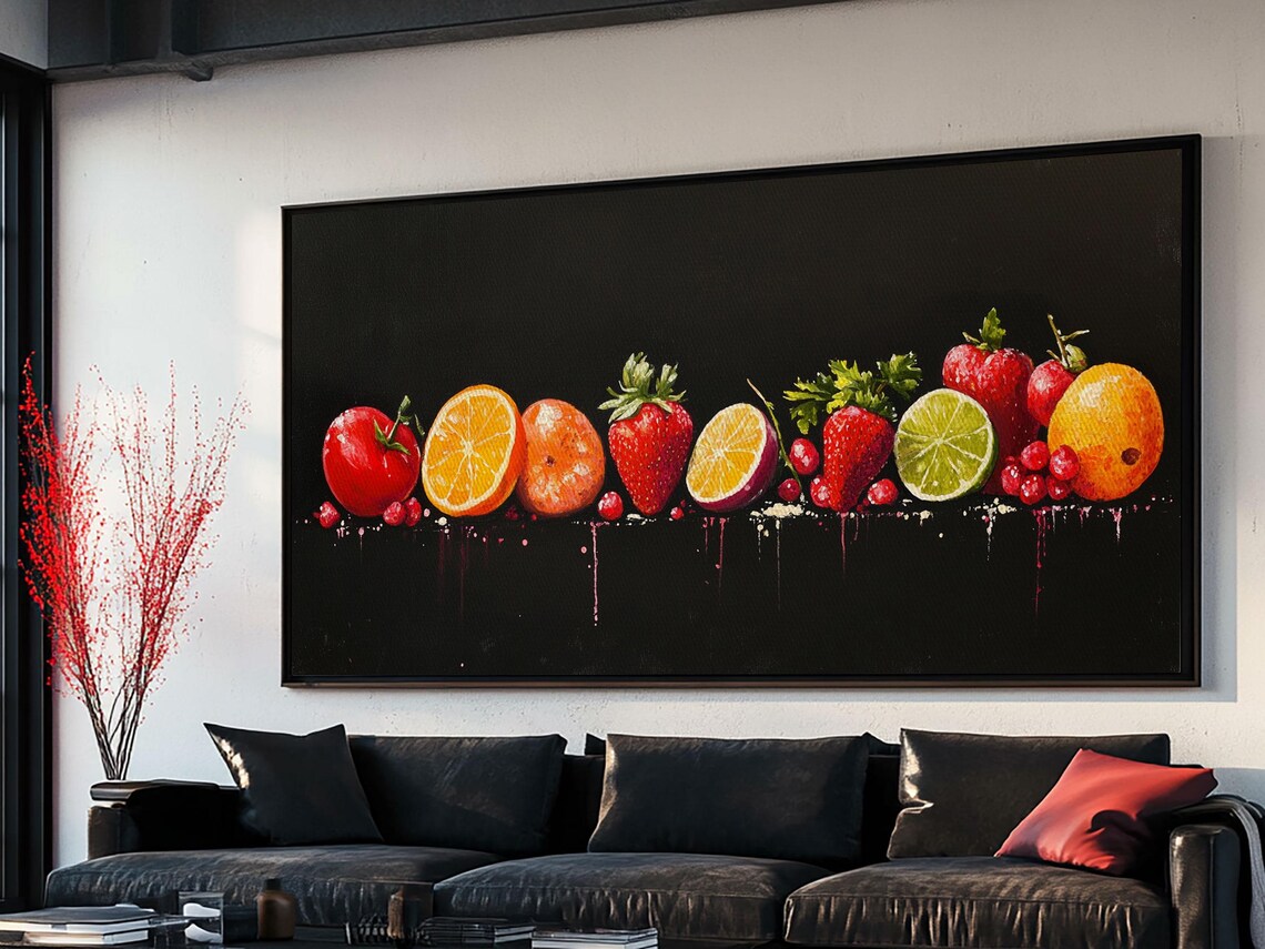 Funky Fruit Painting Print Framed Art Fruit Painting Rustic Large Farmhouse Kitchen Wall Art Vintage Fruit Wall Art For Kitchen - Image 3