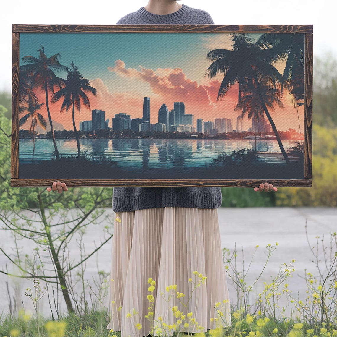 Miami Skyline Sunrise Palm Trees Cityscape Over Water Travel Poster - Image 2