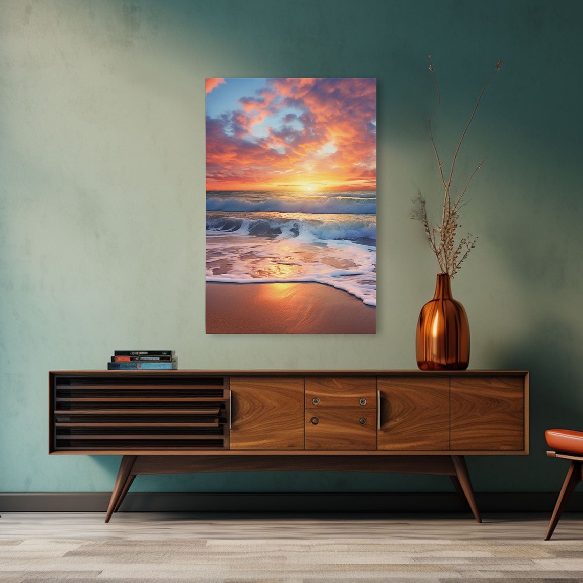 Beach Sunset Waves Foamy Shore Pink Clouds Relaxing Seaside Art Poster - Image 4