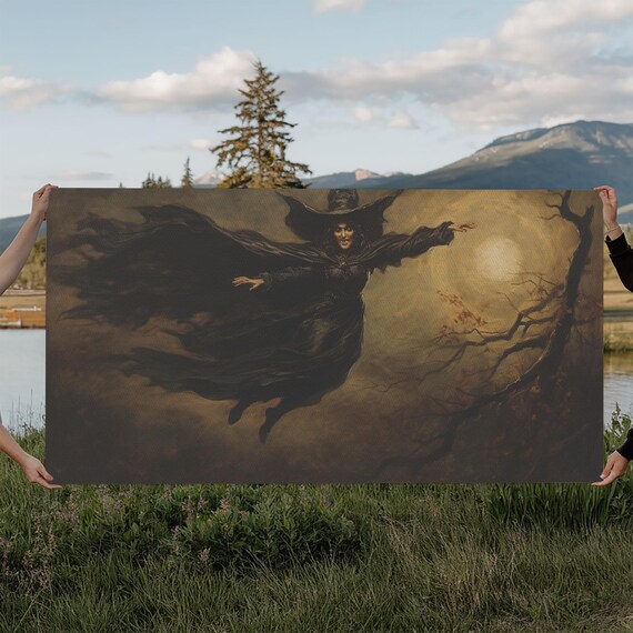 Flying Witch Swirling Stormy Night Sky Dark Cape Halloween Art Poster