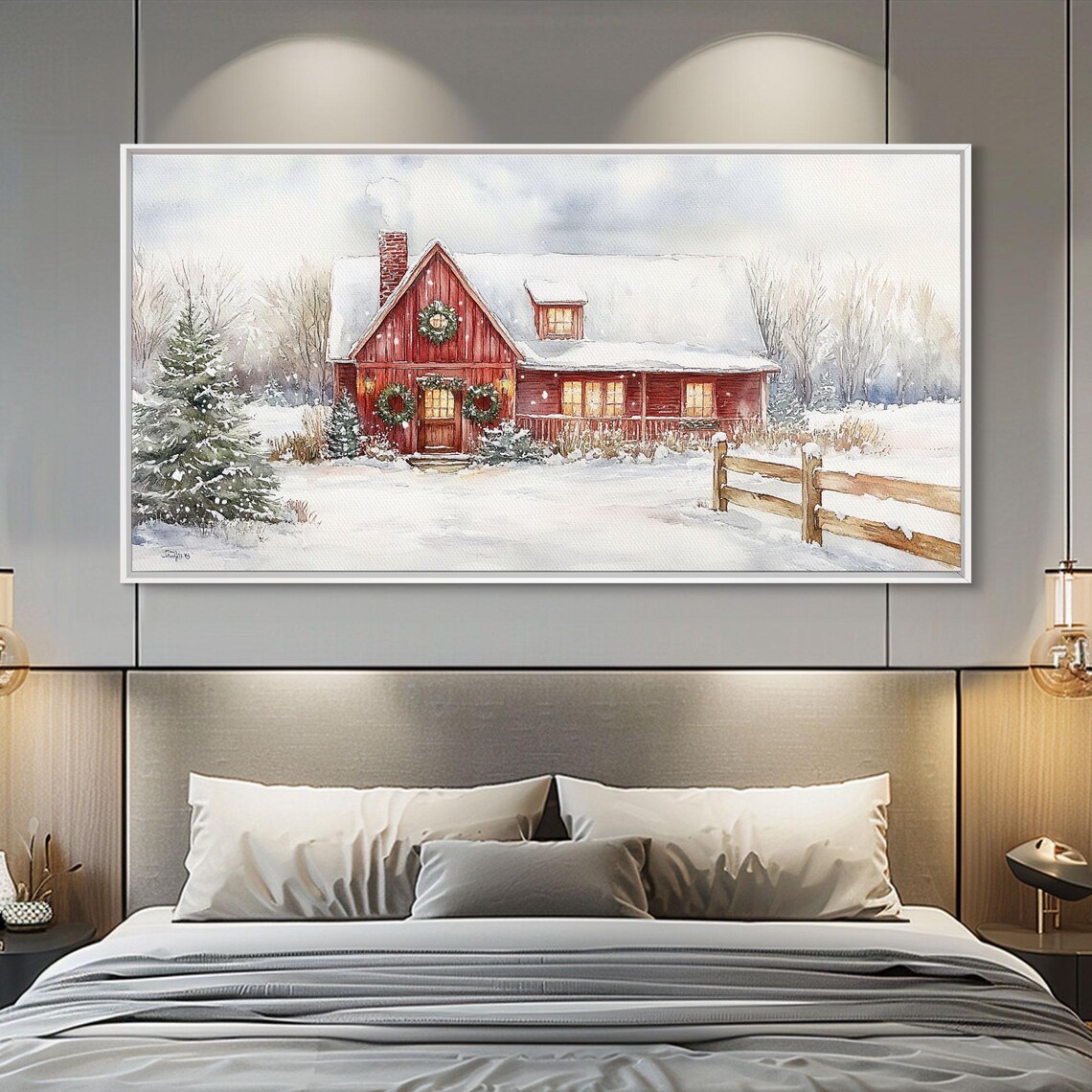 Snowy Red Farmhouse With Wreaths, Holiday Lights Art Print - Image 3