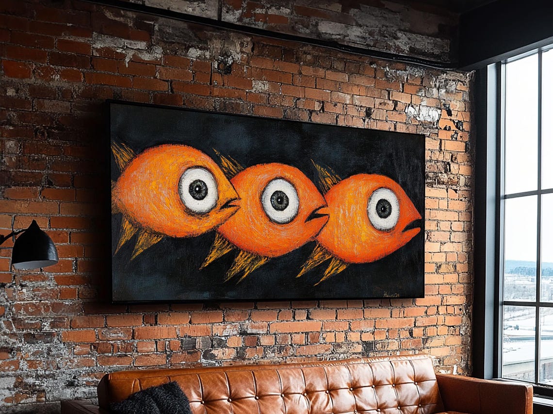 Whimsical Three Orange Goldfish Big Eyed Folk Art Painting Wall Poster - Image 6