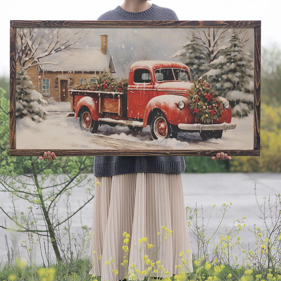 Vintage Red Truck With Wreath Hauling Tree In Snow Farmhouse Poster - Image 2