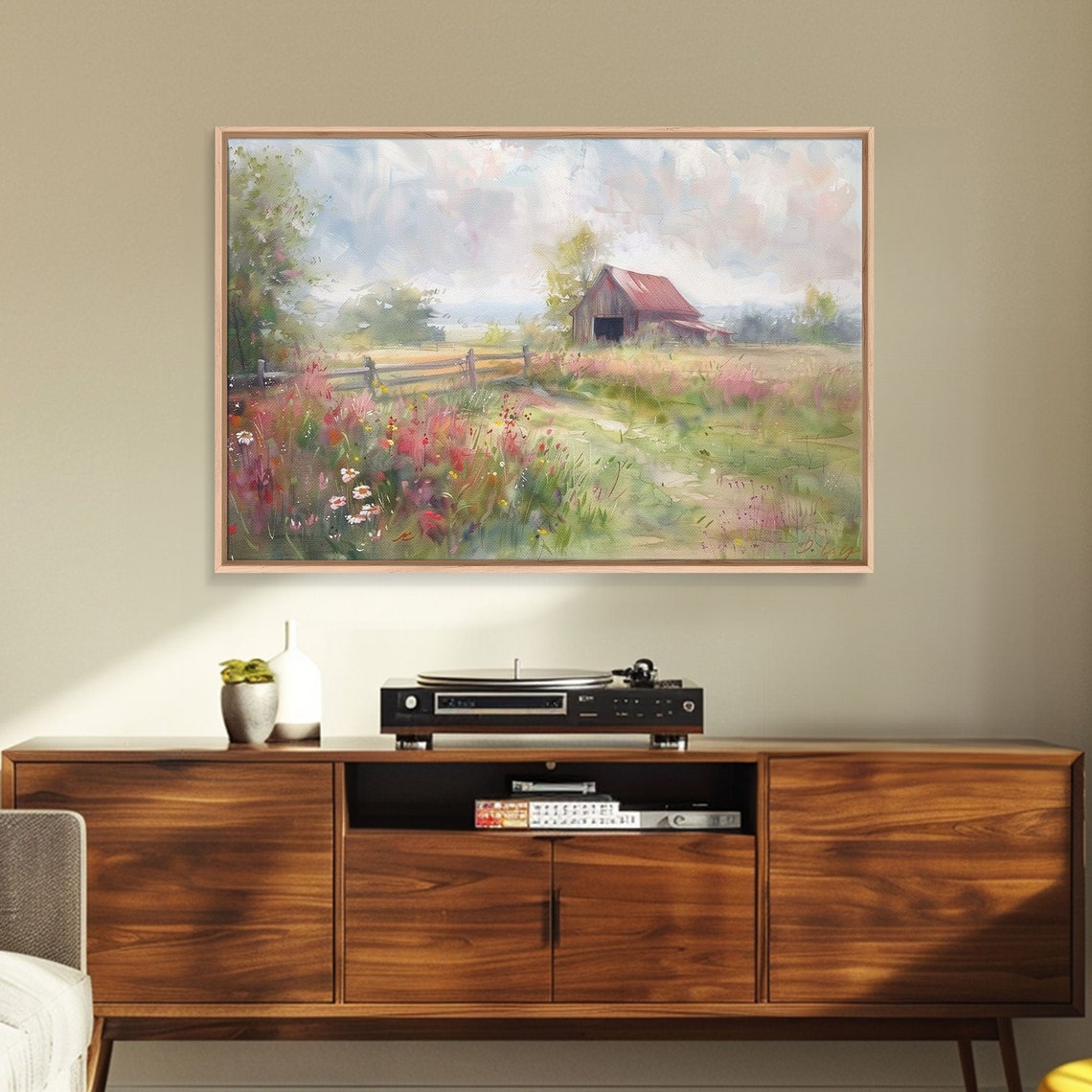 Watercolor Wildflower Meadow Red Barn Rustic Farmhouse Summer Poster - Image 6