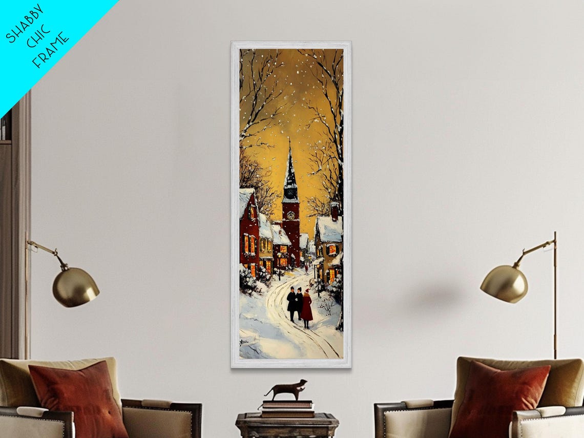 Snowy Village Street With Church Steeple Golden Sky Winter Poster - Image 3