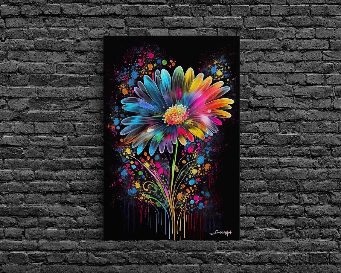 Neon Rainbow Daisy Flower Graffiti Splatter Black Background Poster