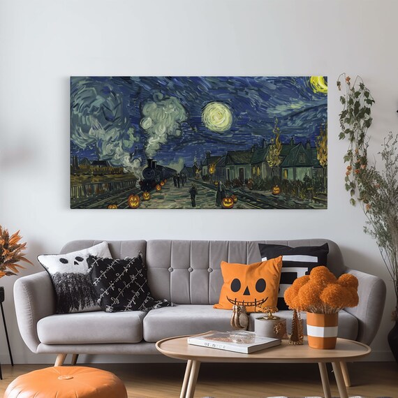 Starry Night Haunted Steam Train Village Street Pumpkins Spooky Halloween Print