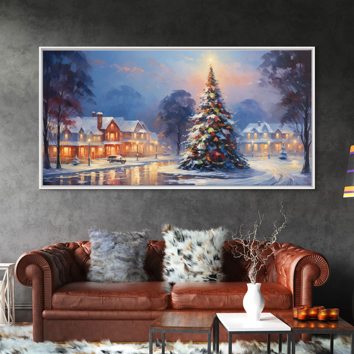 Snowy Village Christmas Tree Dusk Impressionist Holiday Poster