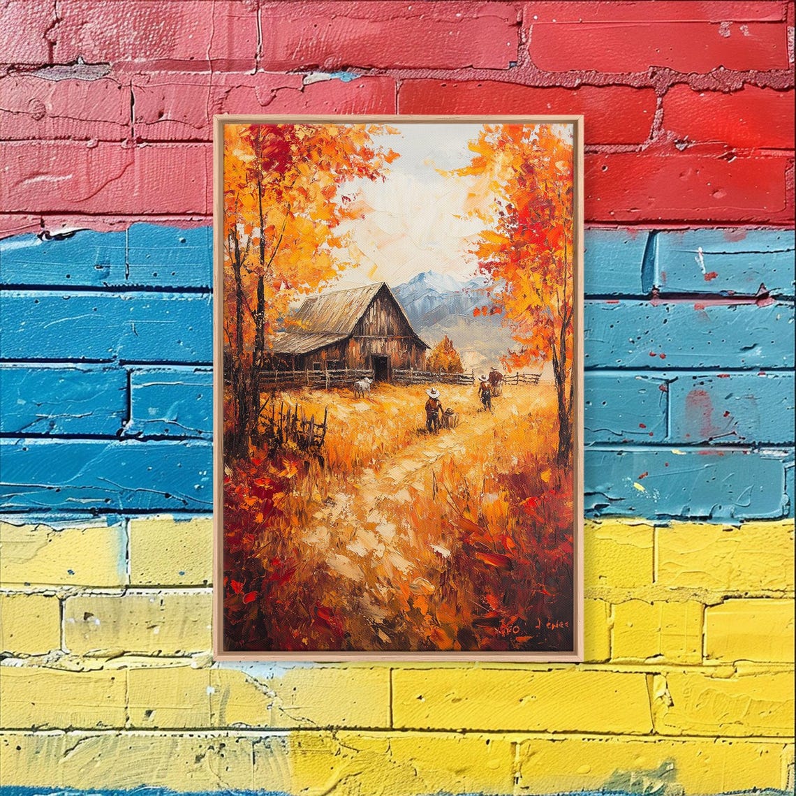 Autumn Barnyard With Barn Golden Field Mountain View Art Poster - Image 4