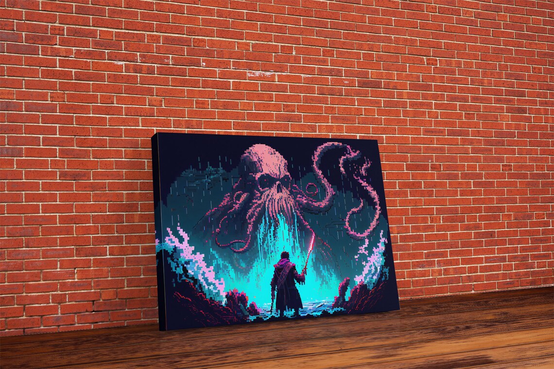 Warrior Vs Cthulhu RPG Concept Pixel Art Poster