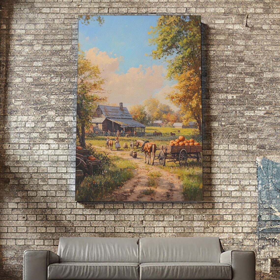 Autumn Farm Harvest Scene With Horse Wagon Pumpkins And Rustic Barn Poster - Image 5