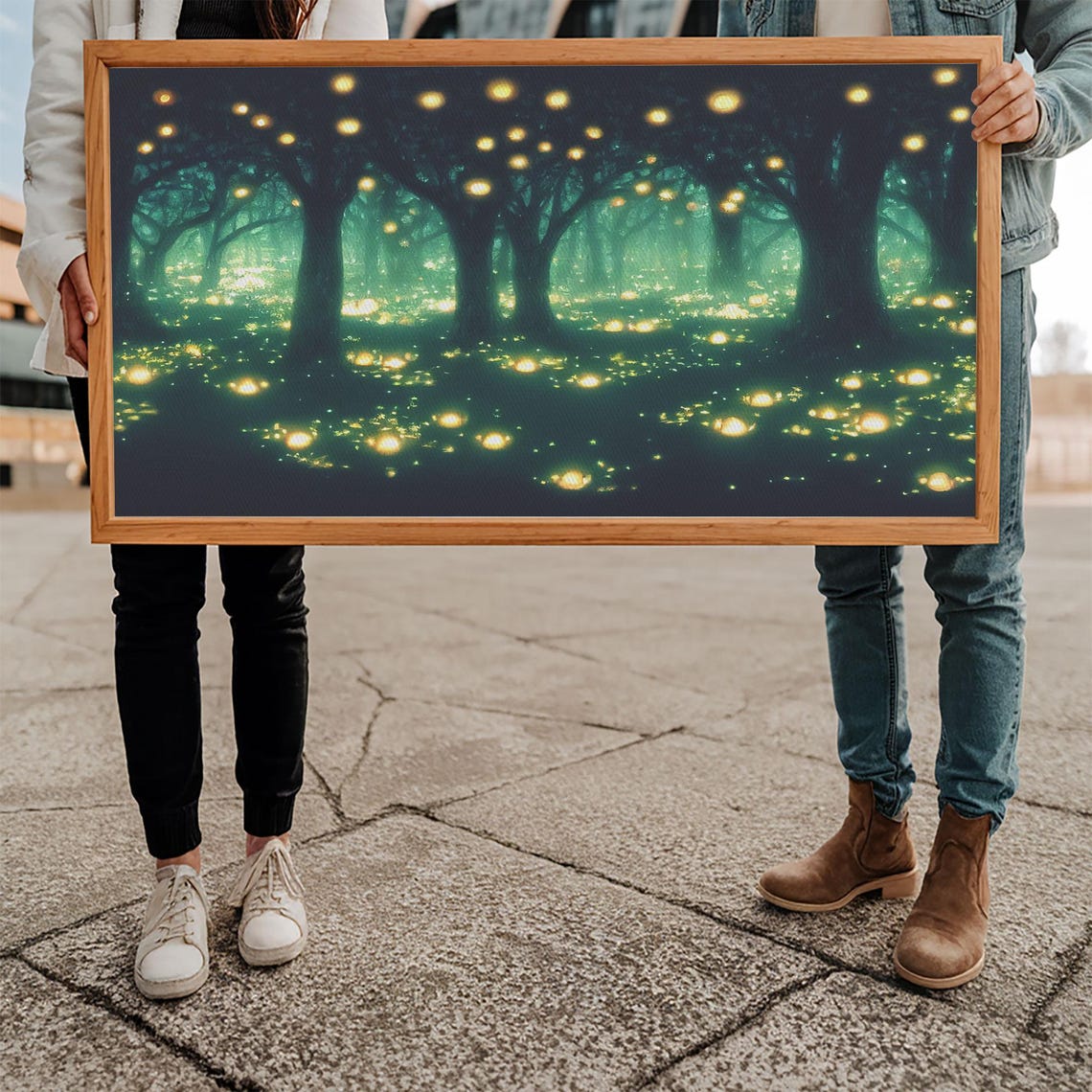 Enchanted Firefly Forest At Night With Glowing Teal Mist Wall Art - Image 4