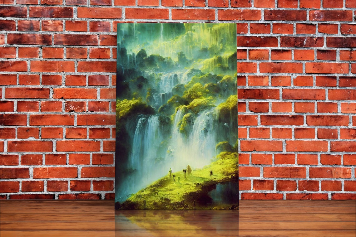 Fantasy Waterfall In Glowing Green Mossy Canyon Landscape Wall Art - Image 2