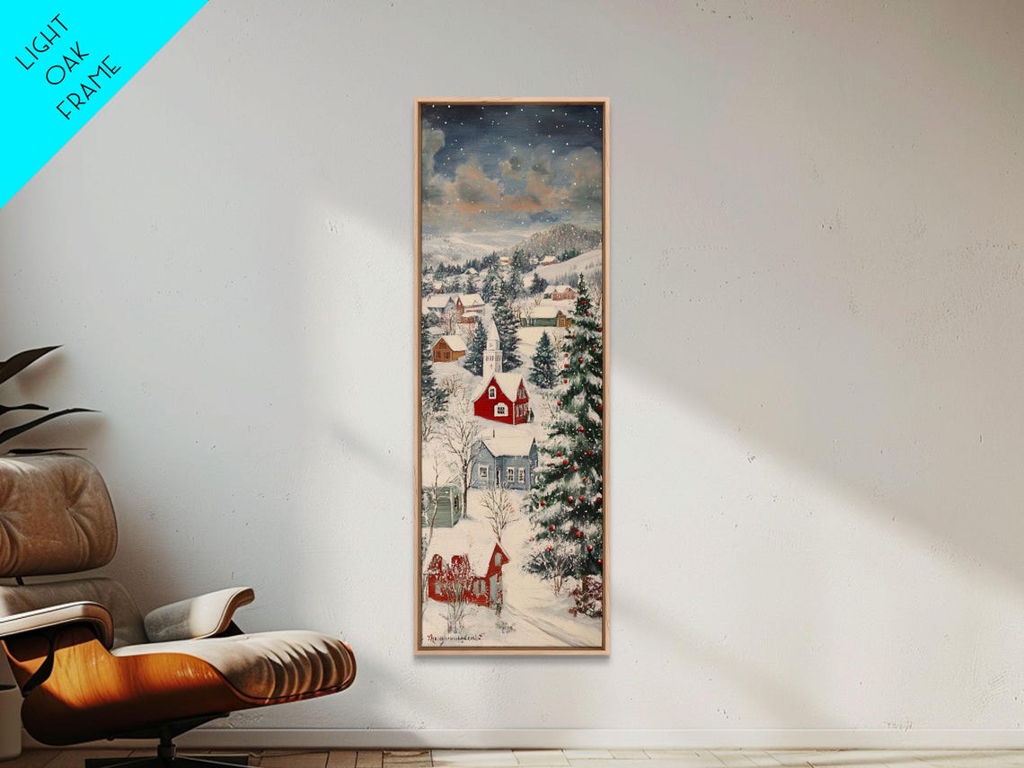 Snowy Mountain Village With Red Barns And Christmas Tree Poster - Image 2