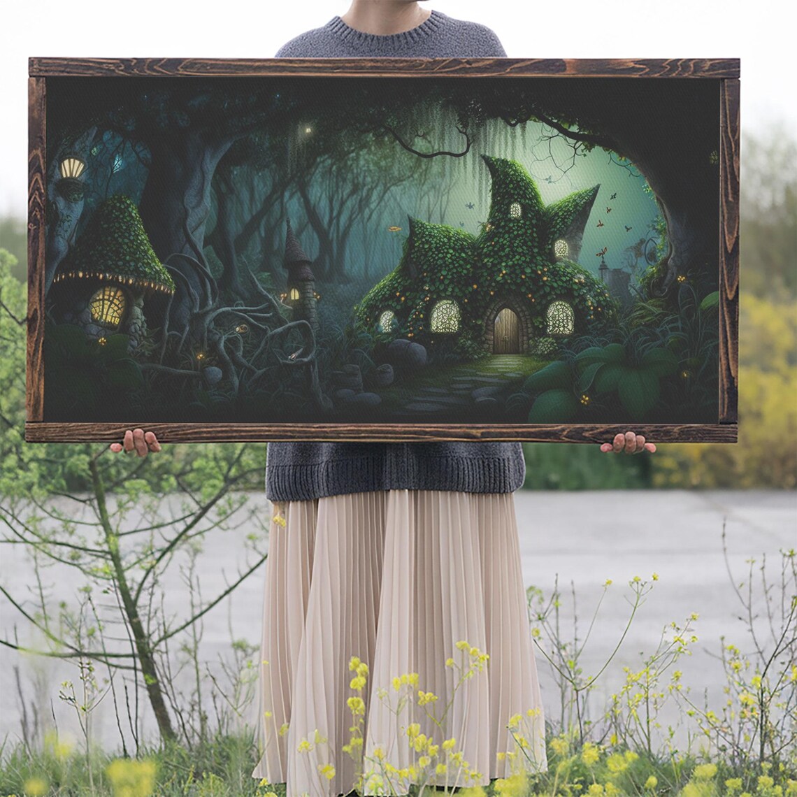 Gnome City Wall Art Fantasy Print Framed Art Tiny Gnome Houses On The Forest Floor - Image 2