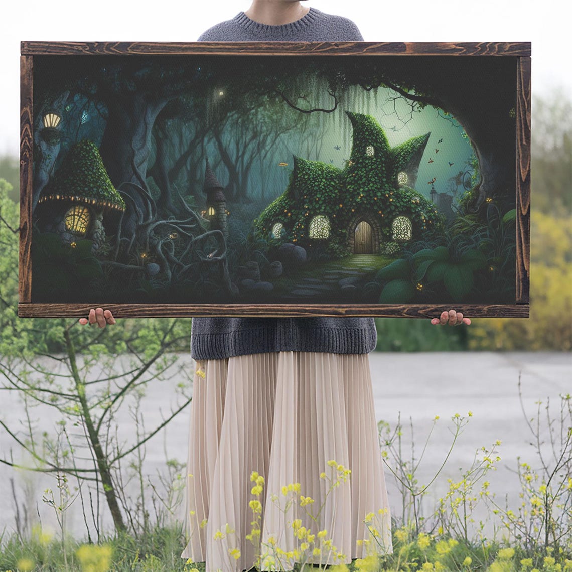 Gnome Village Mossy Forest Cottages Glowing Windows Fairy Tale Poster - Image 2