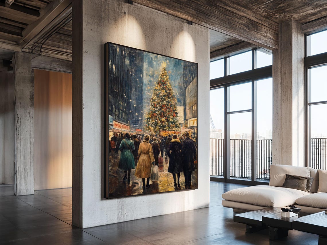 Christmas Village Wall Art Print Christmas Painting Christmas Shopeprs In Nyc In The 1950s Christmas Decor Winter Wall Art - Image 3