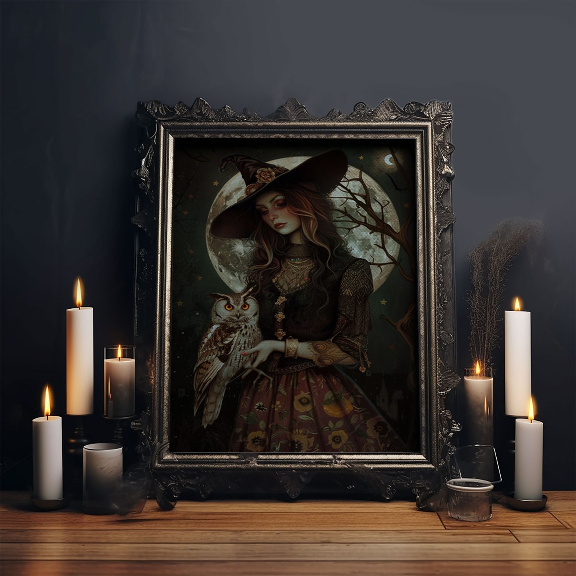 Witch Holding Barn Owl Under Full Moon Dark Forest Gothic Art Poster - Image 6