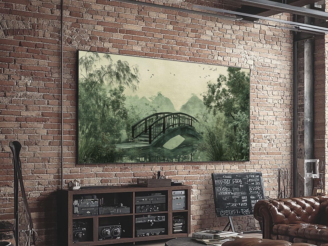 Misty Arched Bridge Japanese Garden Zen Chinoiserie Art Poster - Image 2