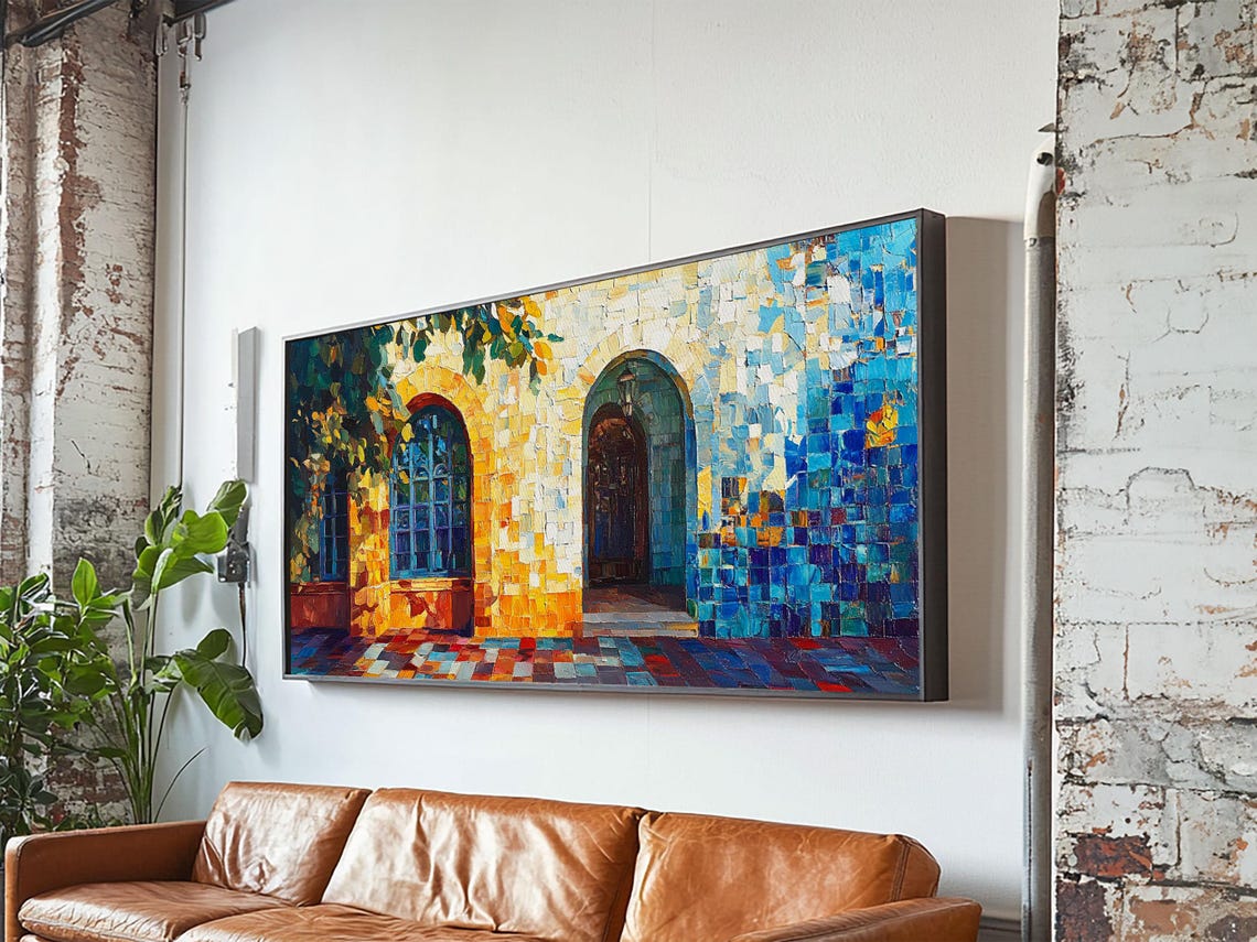 Sunlit Arched Windows Mosaic Blue Gold Mediterranean Tile Art Poster - Image 6