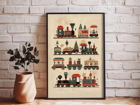 Cute Christmas Trains Print Framed Minimalist Christmas Art Boho Christmas Art Rustic Christmas Art