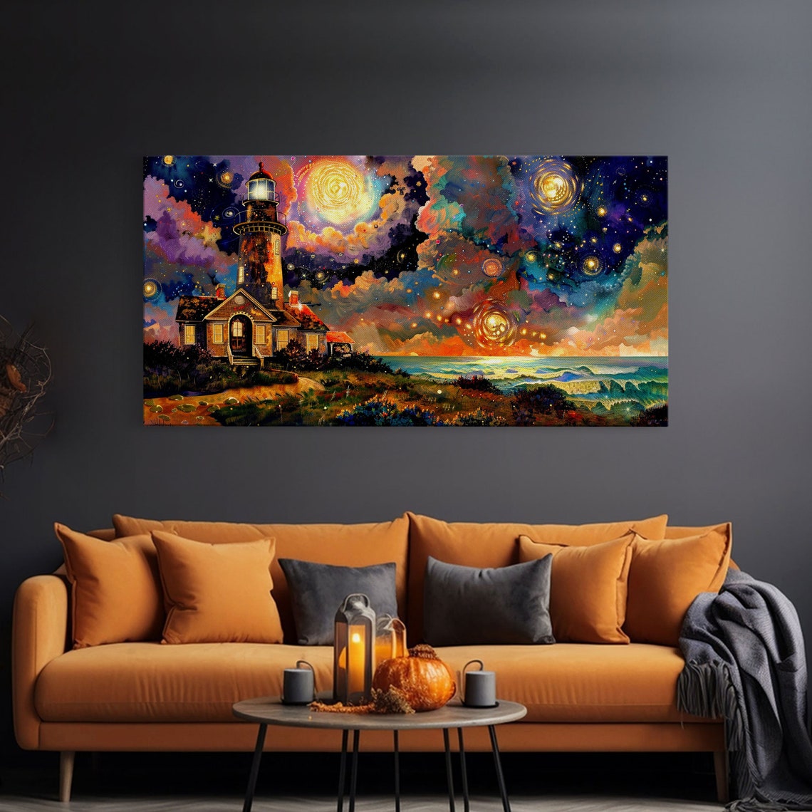 Colorful Lighthouse Under Starry Galaxy Sky Midcentury Style Art Print - Image 3