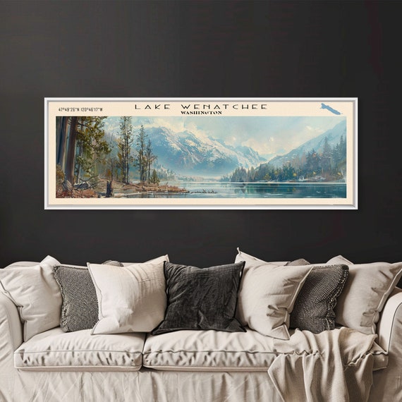 Lake Wenatchee Washington Framed Print Lake House Decor Panoramic Wall Art Travel Poster Landscape Painting Contemporary Art