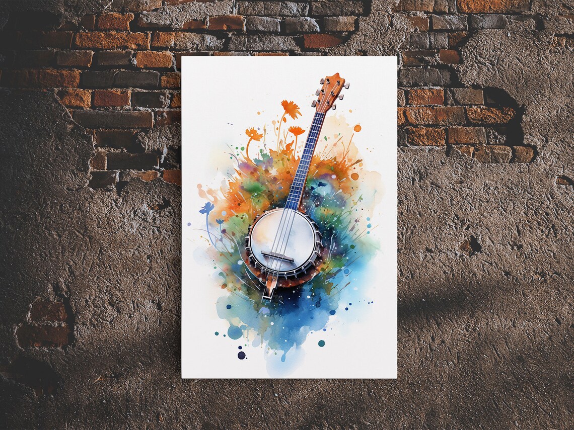 Banjo Watercolor With Wildflowers Country Music Instrument Art Poster - Image 6