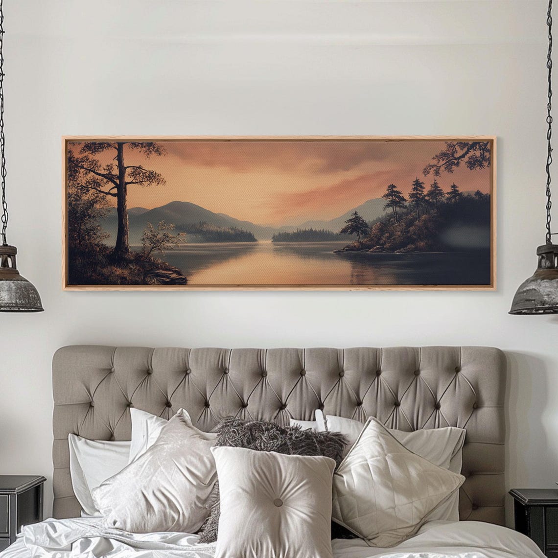 Moody Misty Lake Sunset Silhouetted Pines Dark Landscape Poster - Image 4