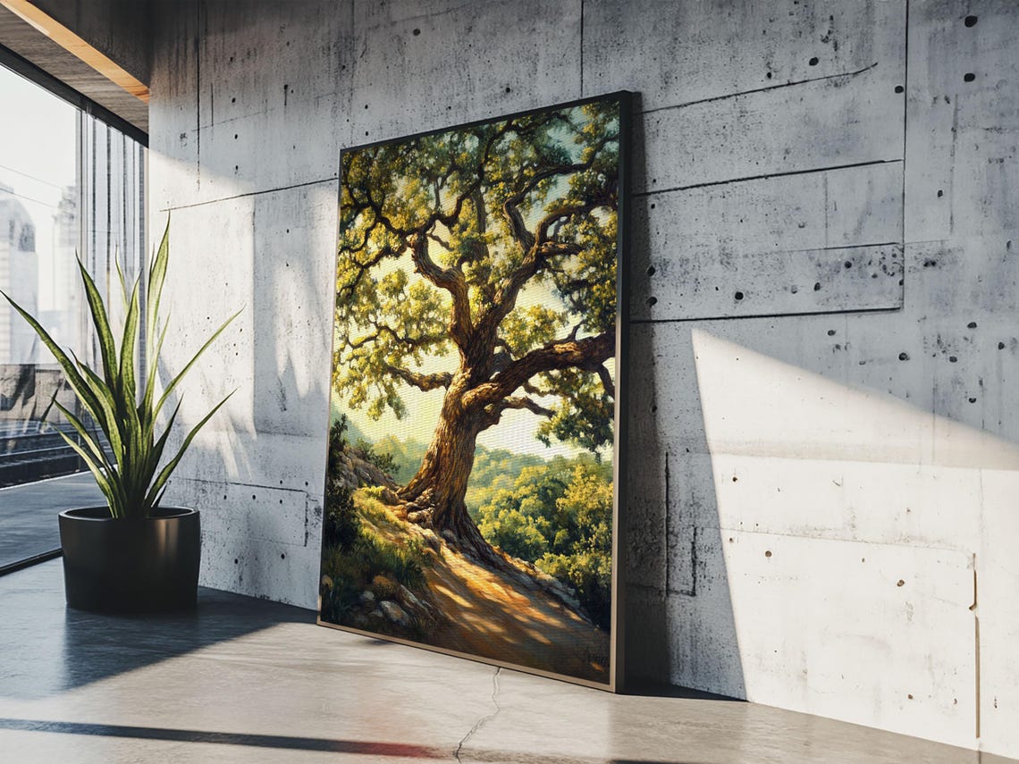 Majestic Oak Tree Sunlit Hillside Rustic Landscape Oil Painting Poster - Image 2