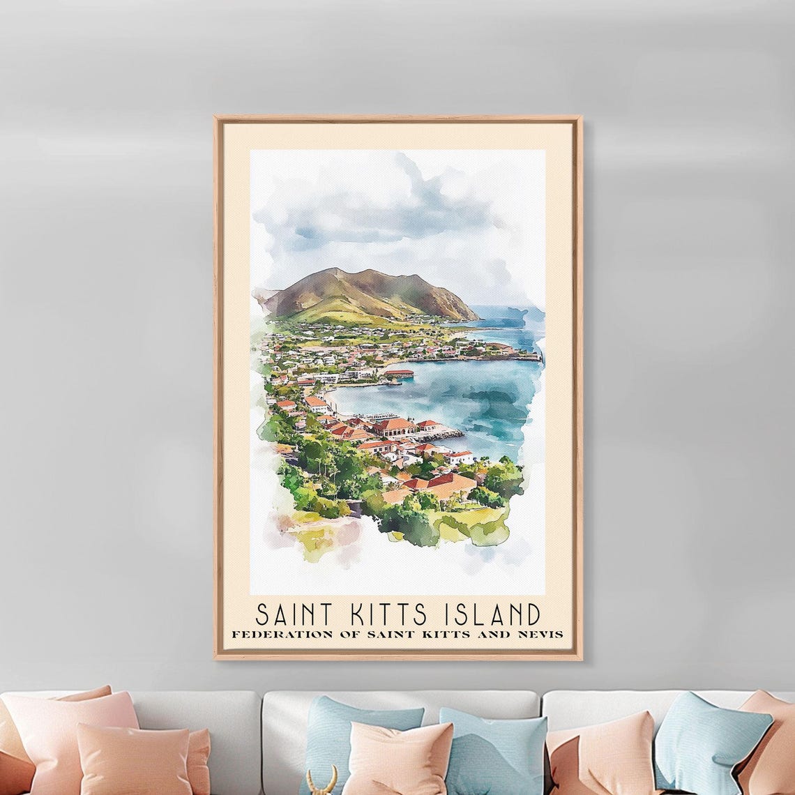Saint Kitts Island Harbor Town Mountain Bay Watercolor Travel Poster - Image 2