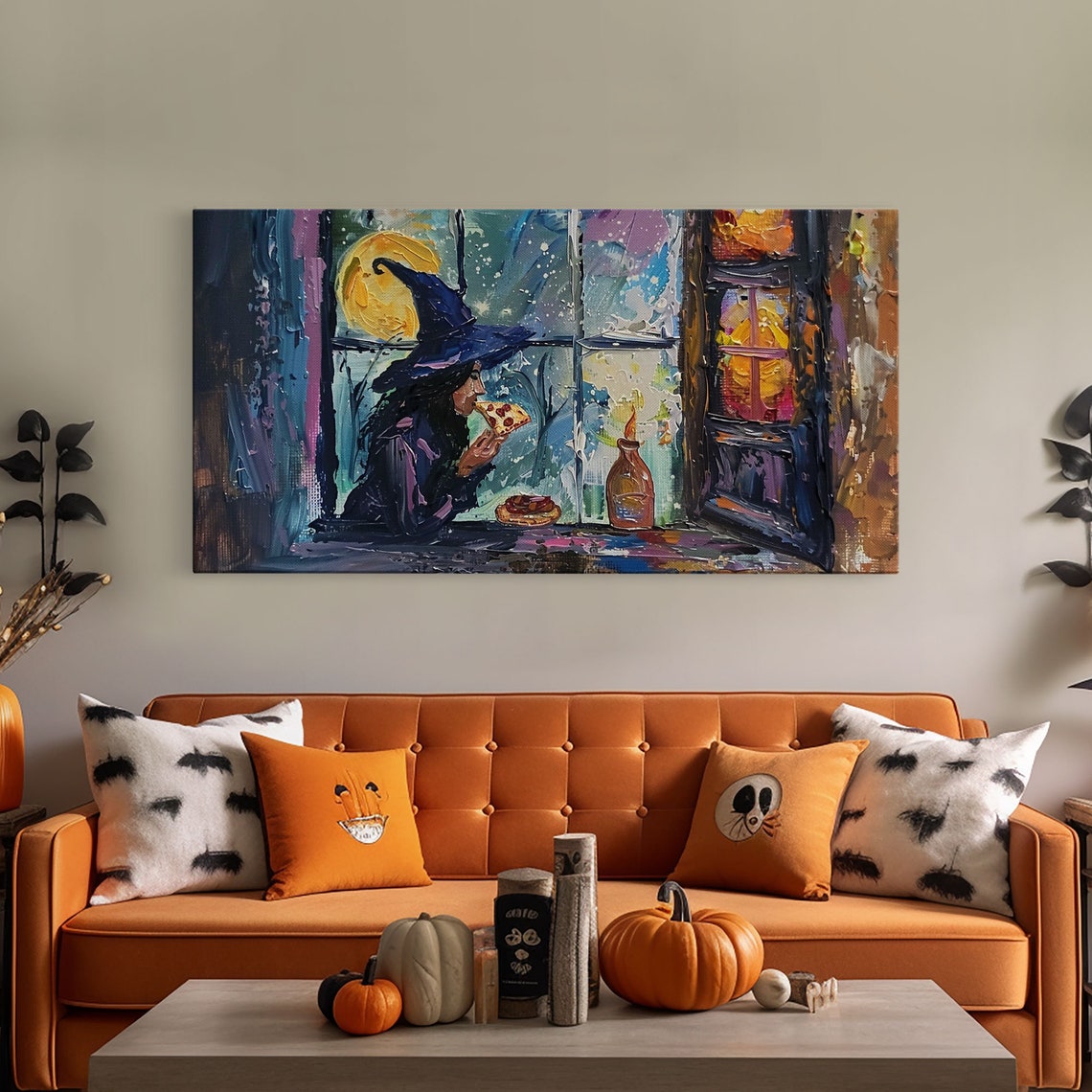 Witch Eating Pizza By Window At Night Funny Impasto Halloween Print - Image 5