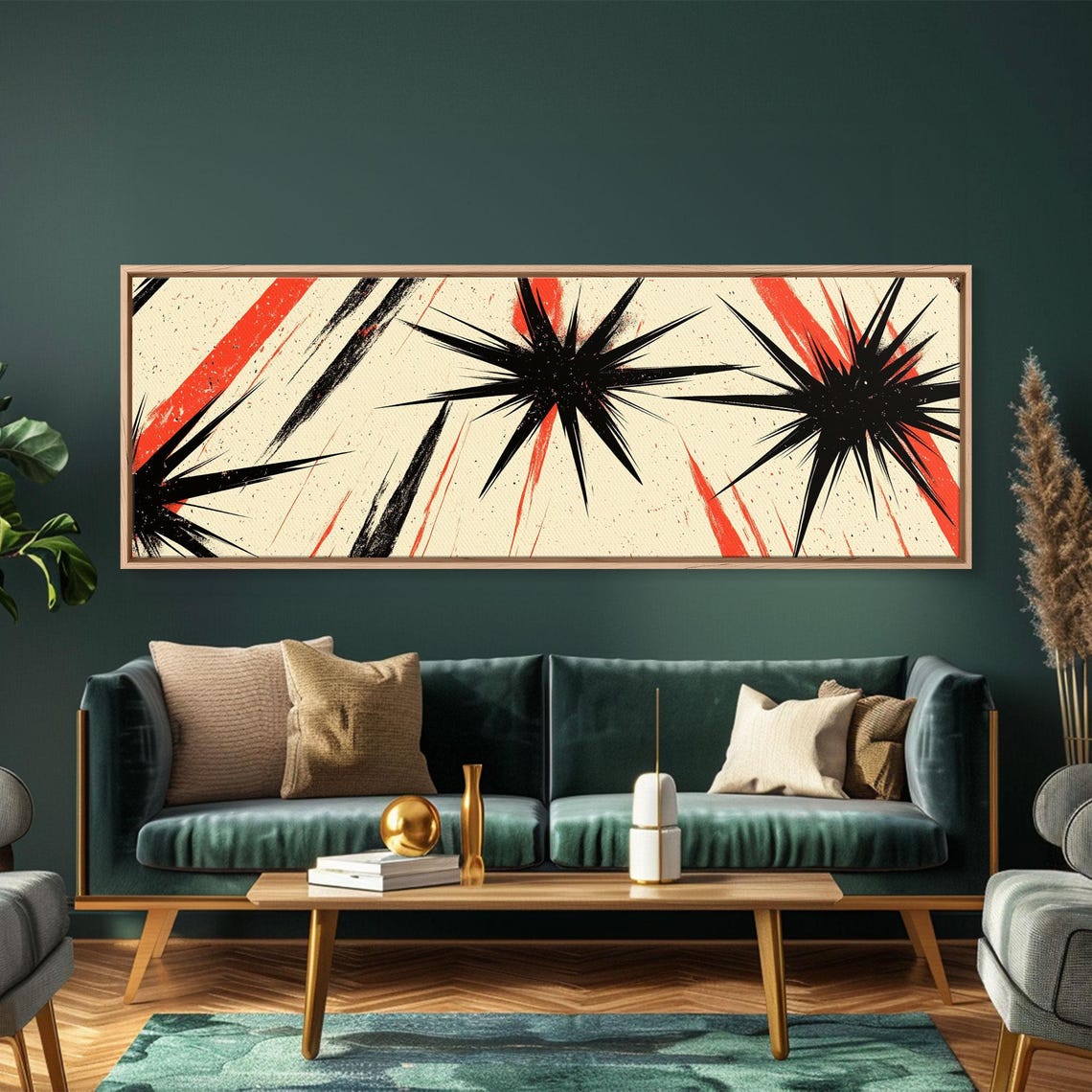 Black Starbursts With Red Streaks Mid Century Modern Abstract Poster - Image 4