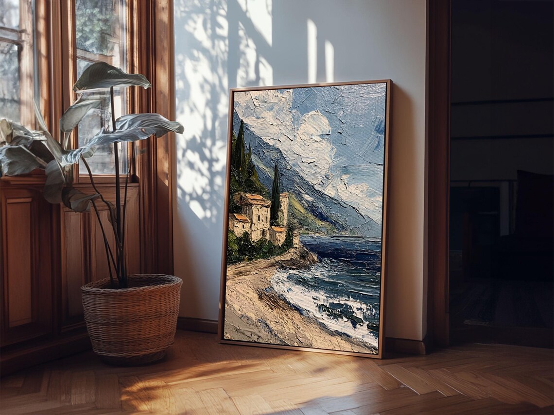Italian Seaside Cliff Village Impasto Oil Painting Coastal Art Poster - Image 2