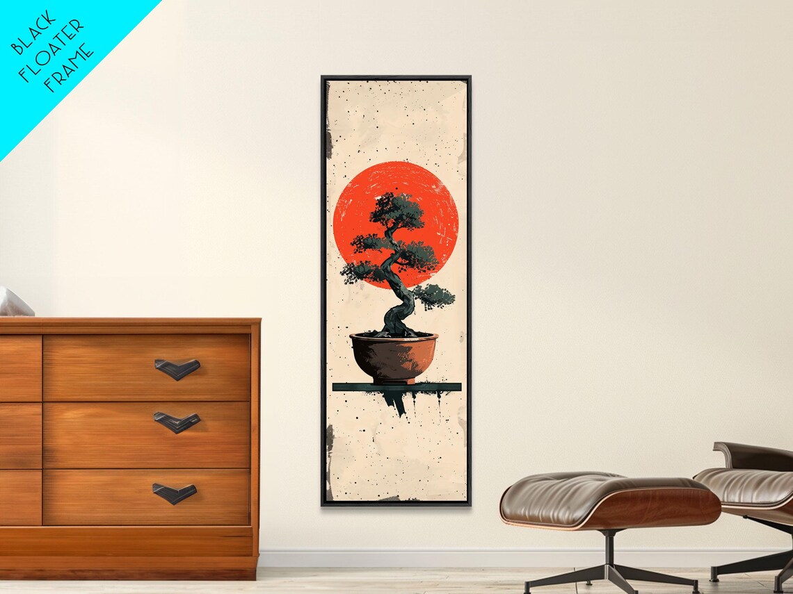 Print Bonsai Tree Silhouette Against Red Sun Minimalistic Japanese Style Art For Modern Home Wall Decoration - Image 3