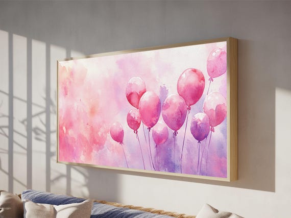 Pink Balloons Painting Framed Print Whimsical Art Light Pink Wall Decor Extra Wide Horizontal Wall Art Rustic Art Gift