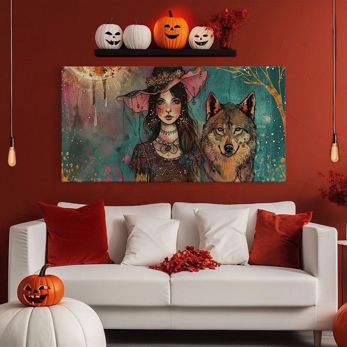 Witch And Wolf Familiar Portrait Gold Moon Dark Academia Halloween Wall Art - Image 6