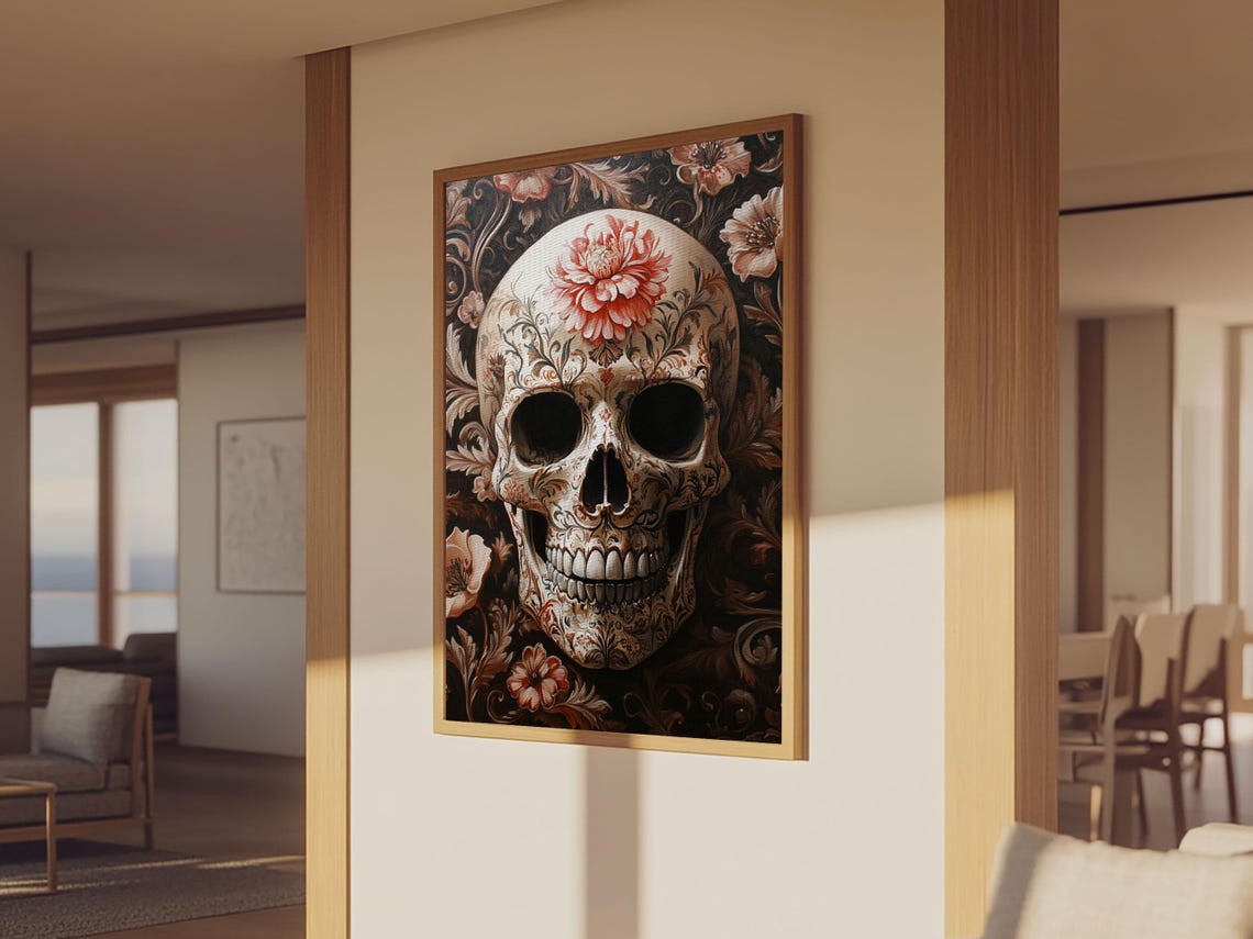 White Floral Skull Blossom Gothic Dark Botanical Skull Wall Art Poster - Image 3