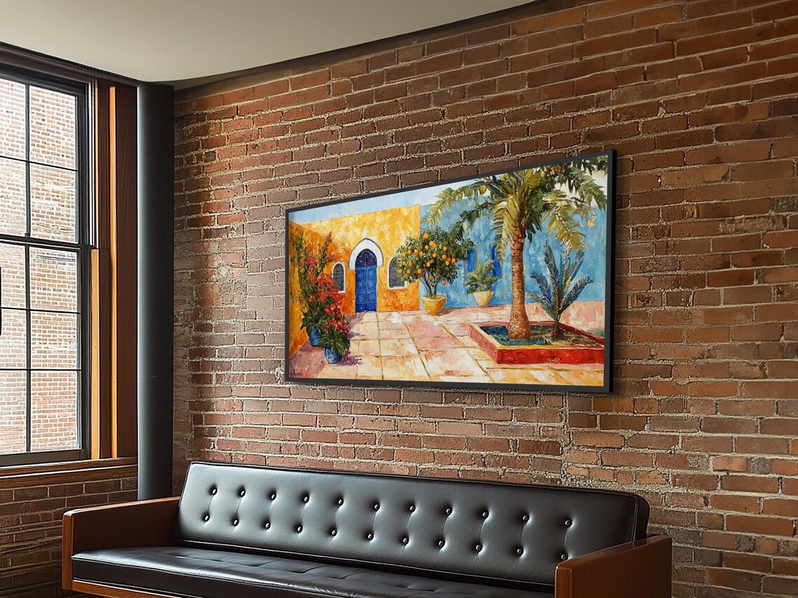 Colorful Mexican Courtyard Painting Blue Door Orange Blossoms Wall Art Print - Image 2