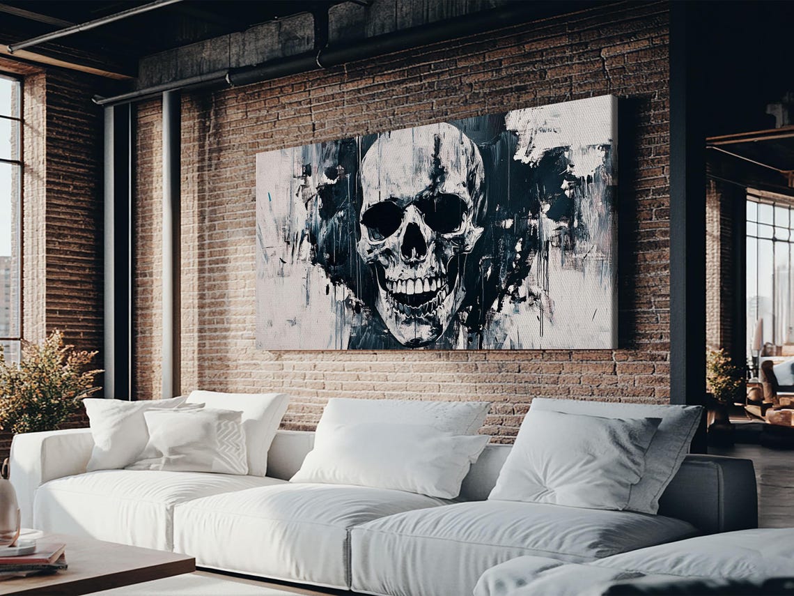 Black And White Skull Grunge Drips Bold Gothic Wall Art Print Poster