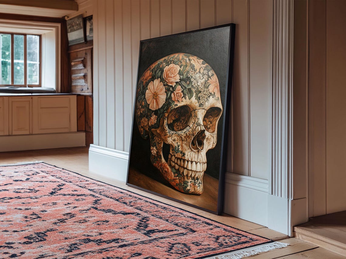 Peach Floral Skull Botanical Gothic Dark Rustic Skull Wall Art Poster - Image 6