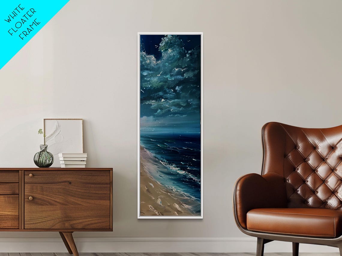 Moonlit Ocean Waves On Sandy Beach At Night Deep Blue Seascape Poster - Image 6