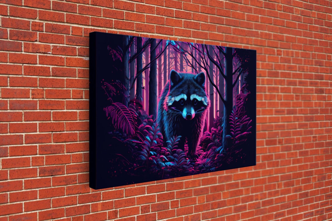 Wildlife Neon Raccoon Night Forest Pink Purple Vaporwave Glow Poster - Image 3