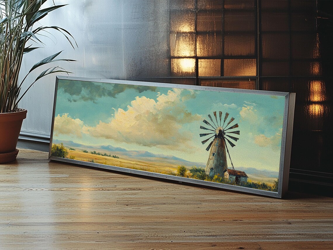 Scenic Windmill Landscape Framed Print Rustic Cottagecore Farmhouse Art Moody Southwest Decor Above Couch Wall Art Gift Idea - Image 6